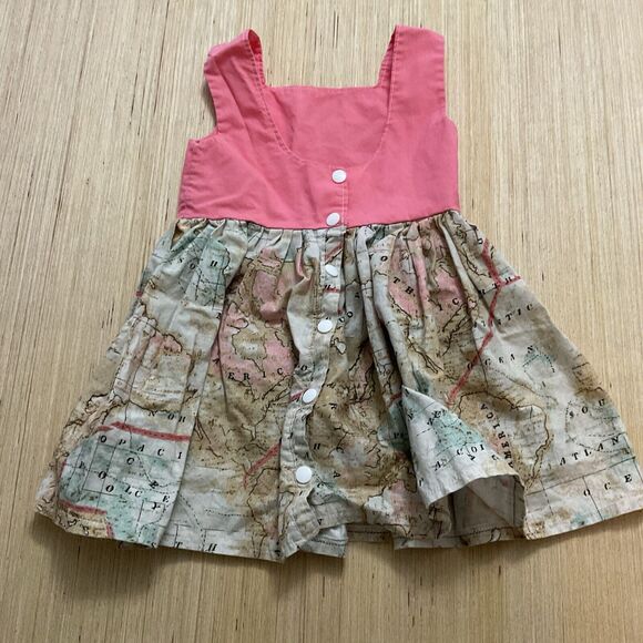 Girls Toddler Pink Top World Map Bottom Half 2T Snap Closure Sleeveless Dress